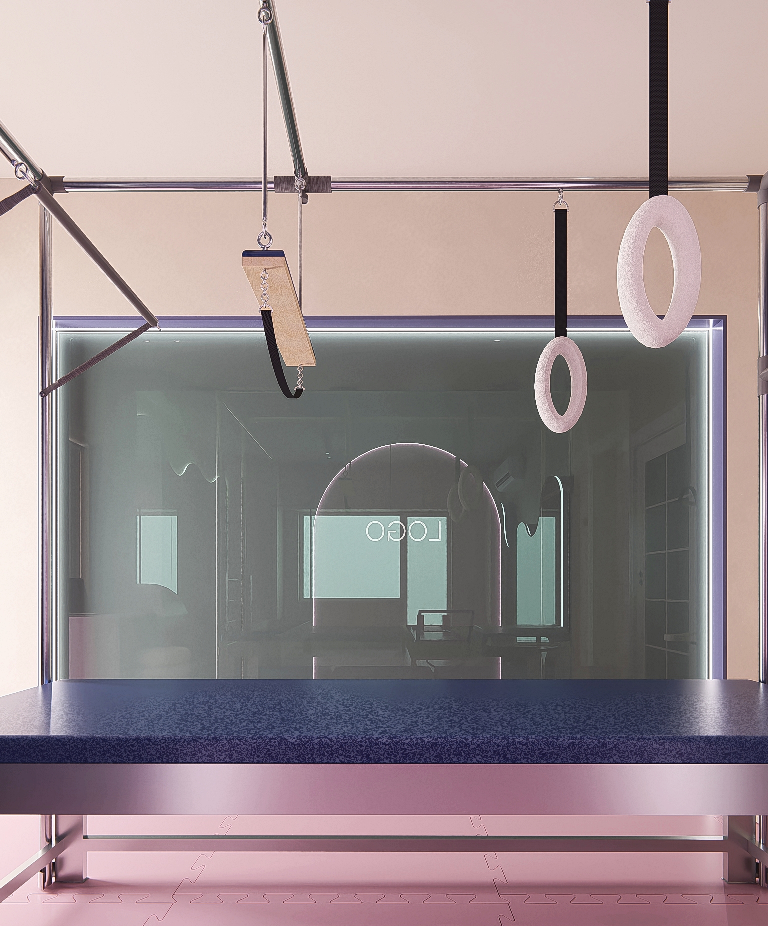 Glass partition view with hanging attachments