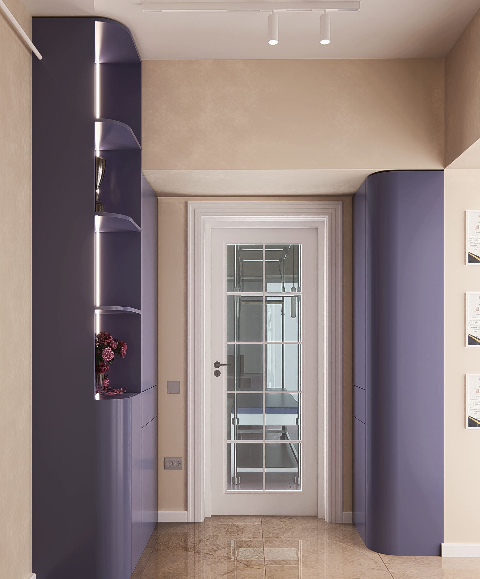 Hallway — purple columns framing glass doors