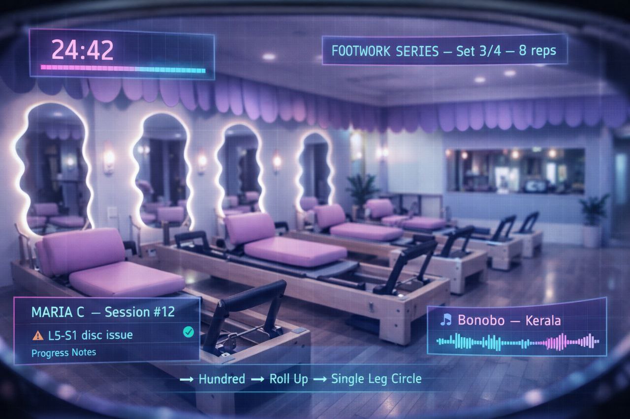 Drip HUD — POV through Quest 3 passthrough showing Pilates studio with AR overlay