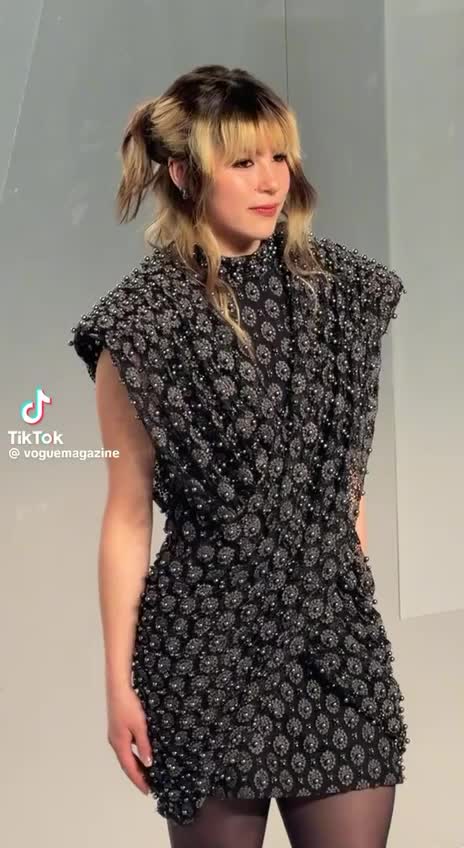 Alysa Liu in beaded black mini dress