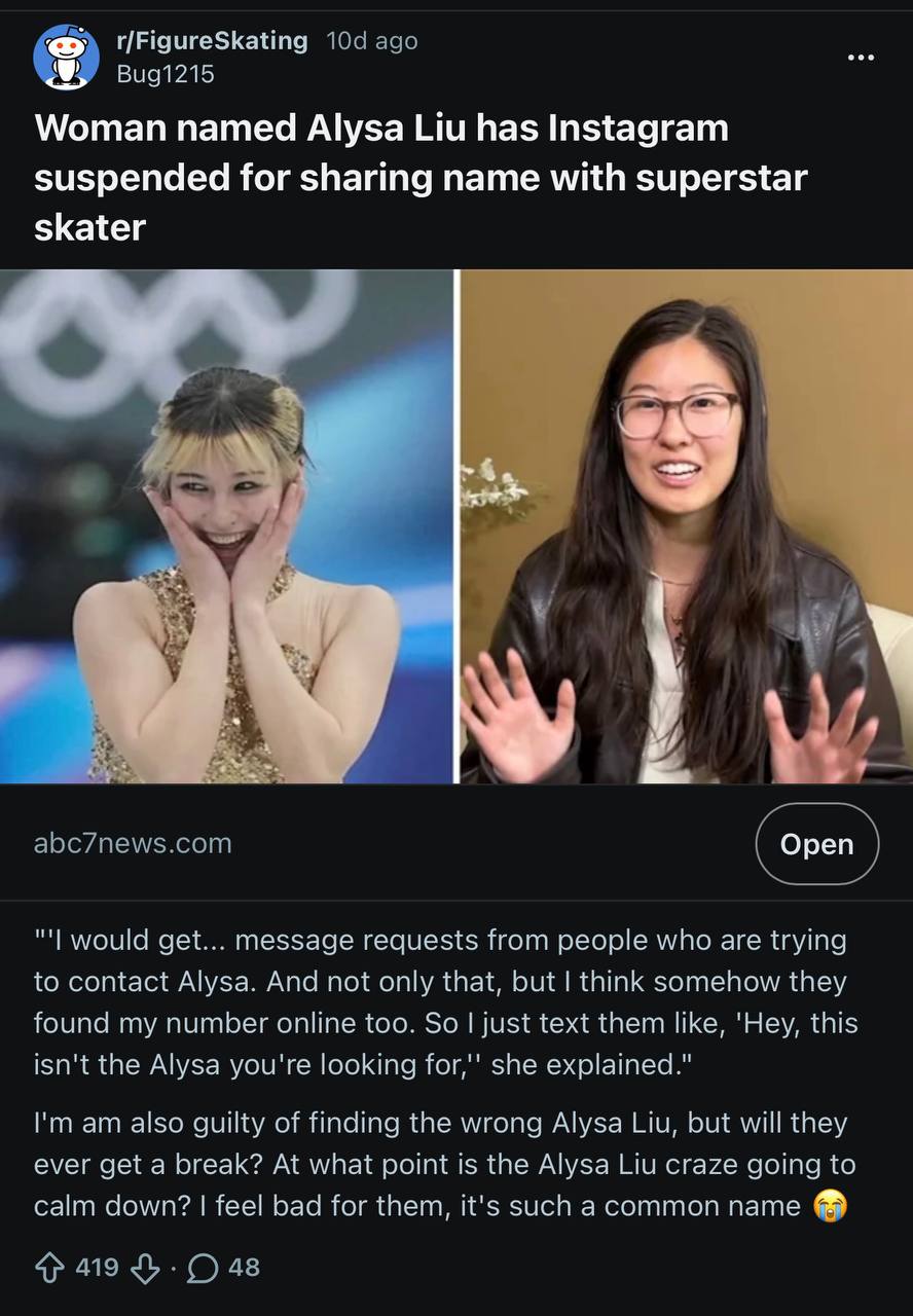 Meme about the wrong Alysa Liu getting suspended on Instagram
