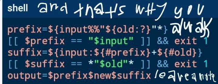 And that's why you always leave a note — handwritten in pink and white over five lines of bash parameter expansion, the string replace function that every language model said was impossible
